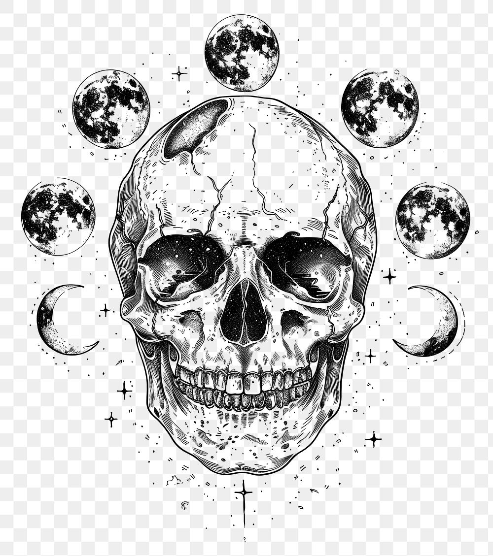 PNG Celestial illustration of Skull with Moon Phases art phases skull.