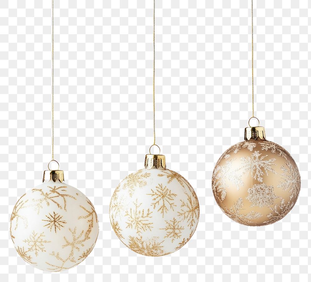 PNG A four cute christmas pattern glitter golden baubles hanging down white accessories decorations.