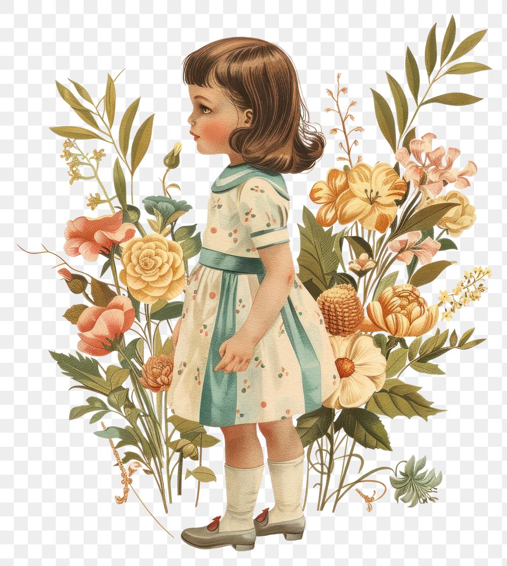 PNG Vintage illustration of little girl flowers child dress.