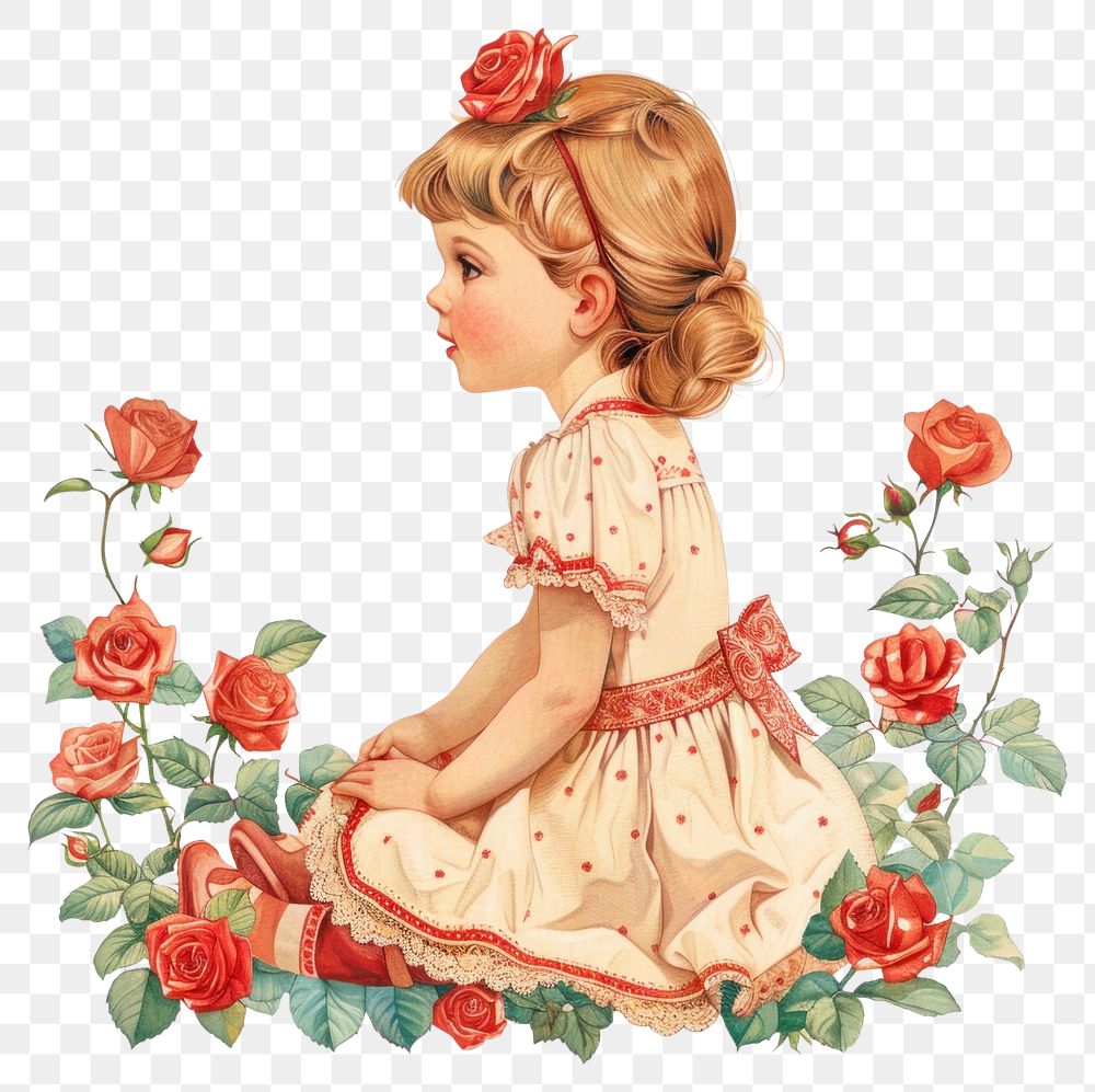 PNG Vintage illustration of little girl roses portrait child.