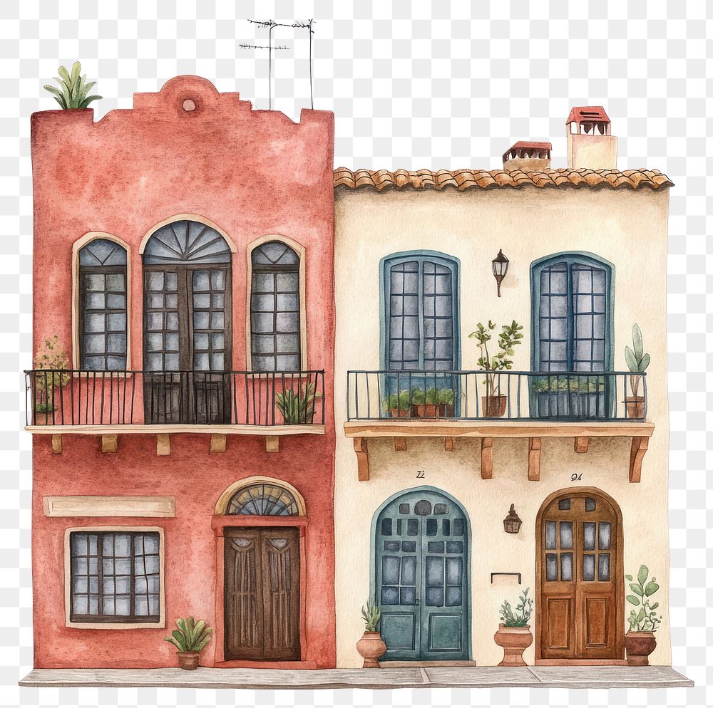 PNG Vintage Latin American townhouses architecture illustration watercolor.