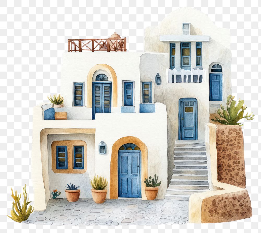 PNG Greek Santorini townhouse houses architecture illustration.