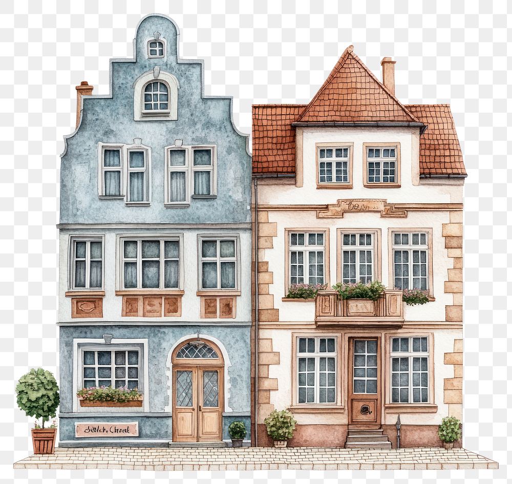 PNG Vintage German townhouses architecture illustration watercolor.