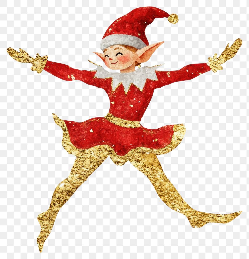 PNG Christmas elf dancing christmas gold red.