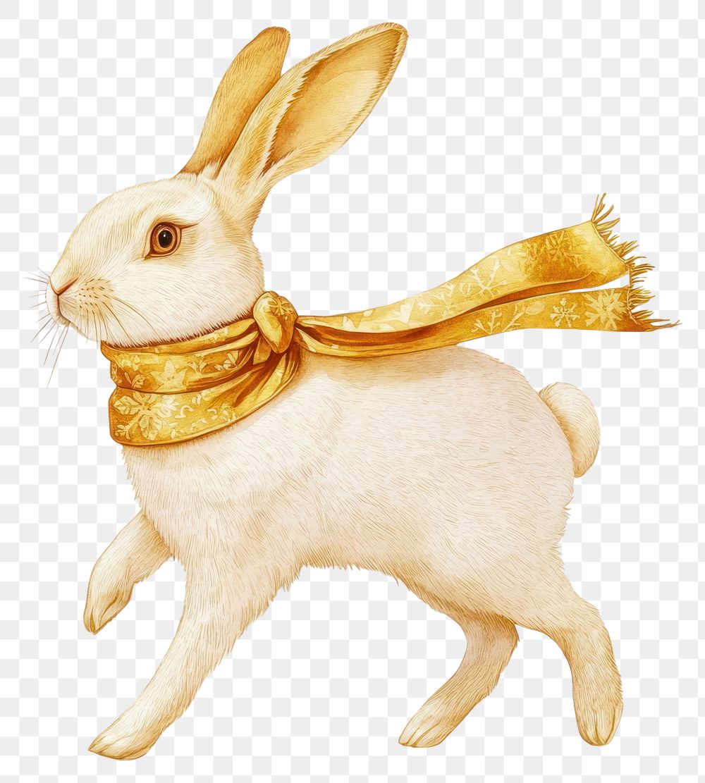 PNG Christmas rabbit gold scarf animal white illustration.