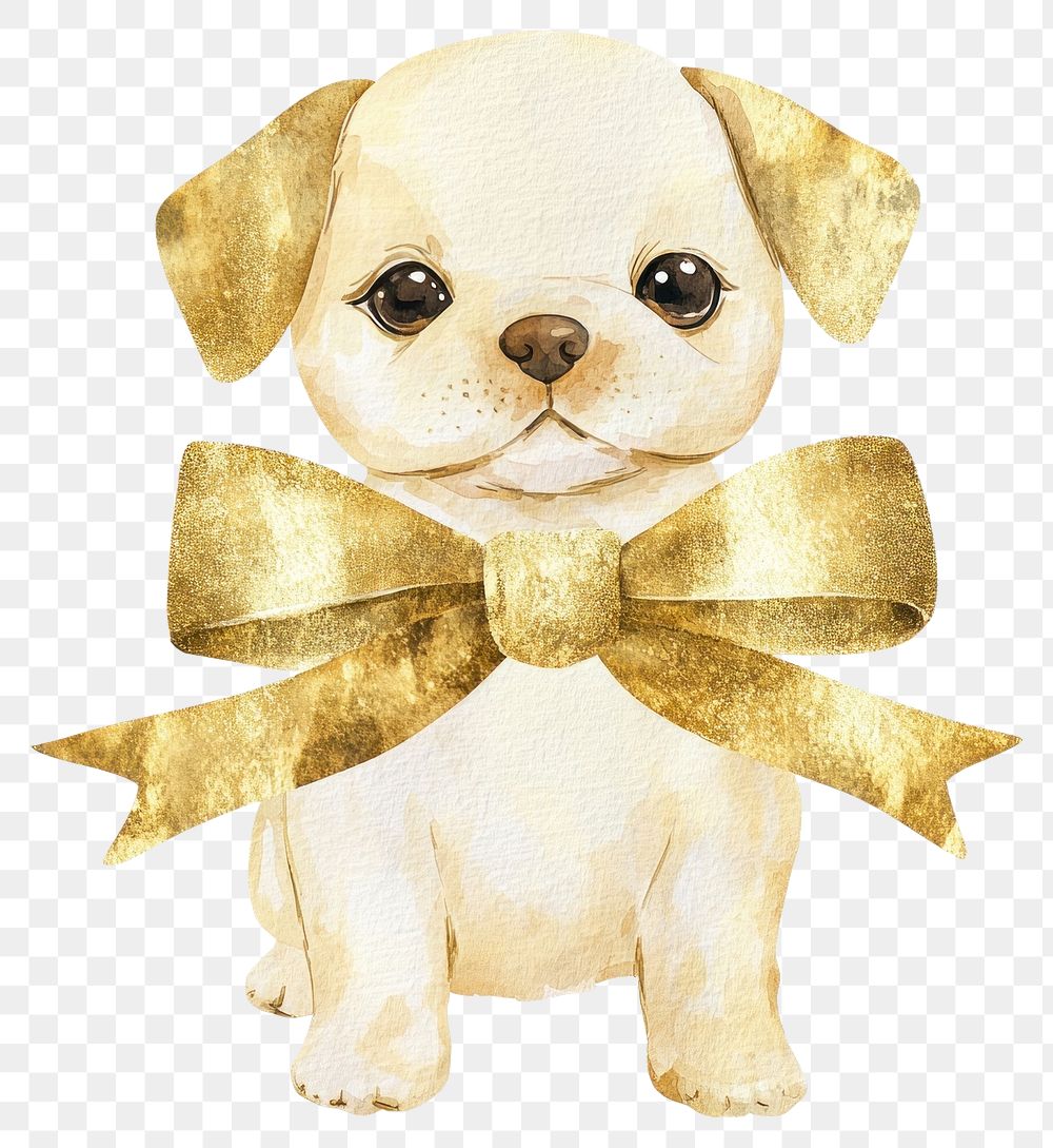 PNG Christmas puppy gold ribbon watercolor animal illustration.