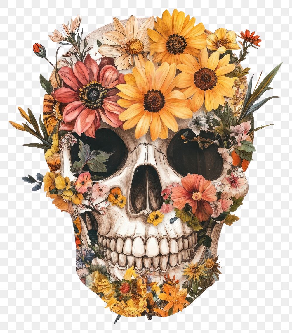 PNG Flower Collage Halloween skull flowers illustration pattern.