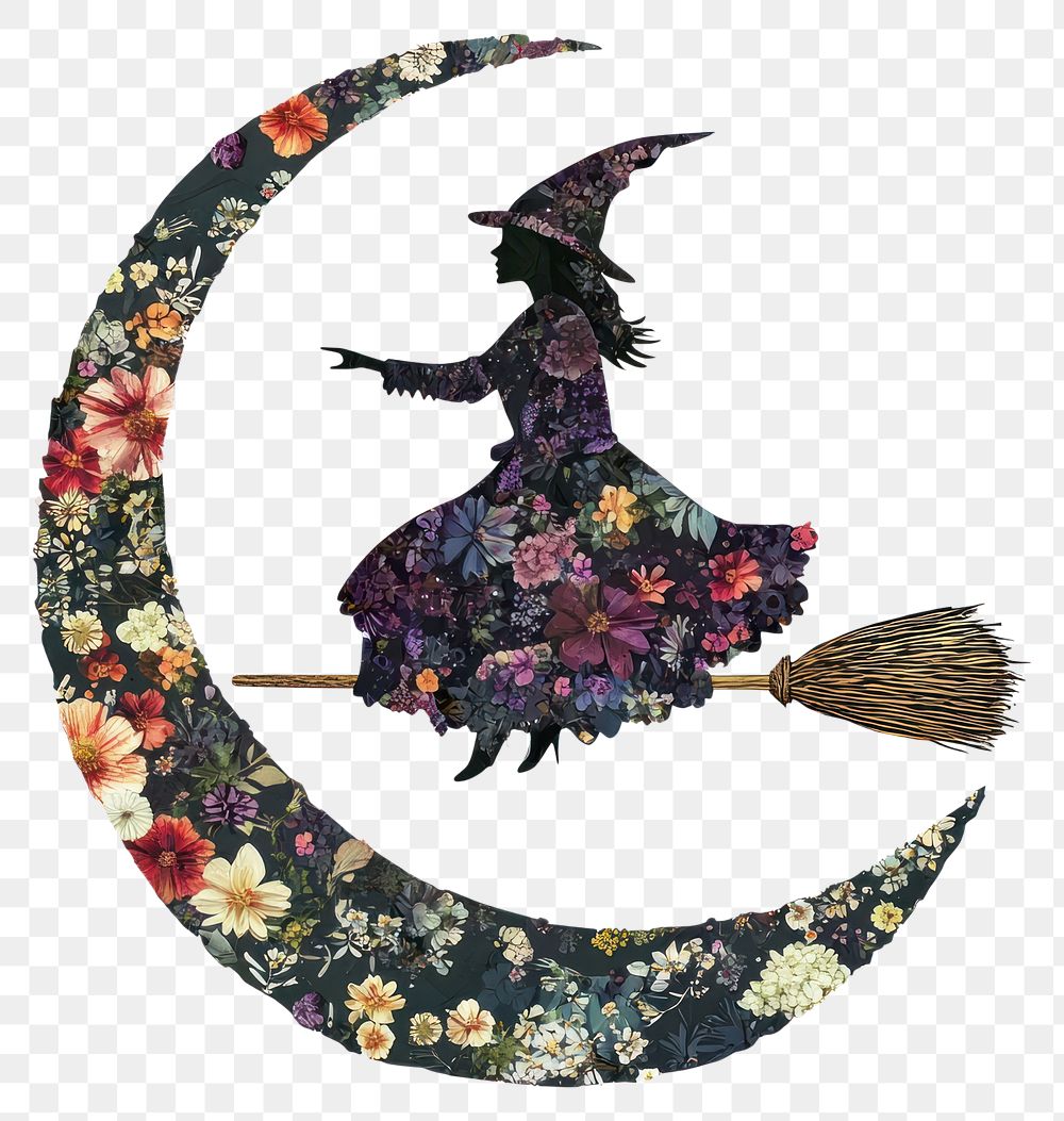 PNG Flower Collage Halloween witch illustration broomstick pattern.