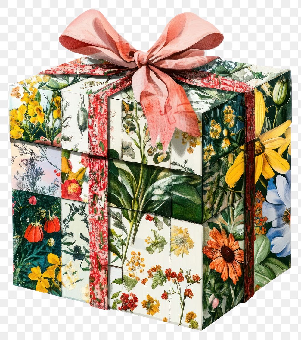 PNG Flower Collage Christmas gift box illustration nature-inspired decorative.