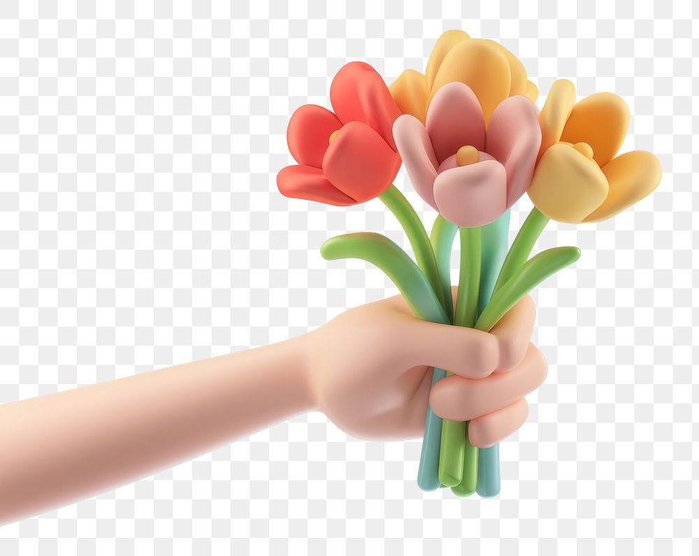 PNG Cute chubby cartoon hand holding a bouquet of five flowers blossoms tulip arrangement.