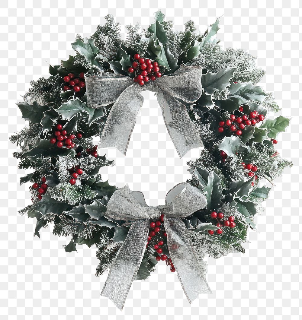 PNG Frosted Holly and Ribbon Wreath wreath christmas festive.