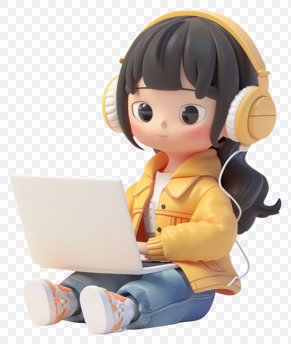 PNG A japanese cute girl using laptop cartoon style illustration.