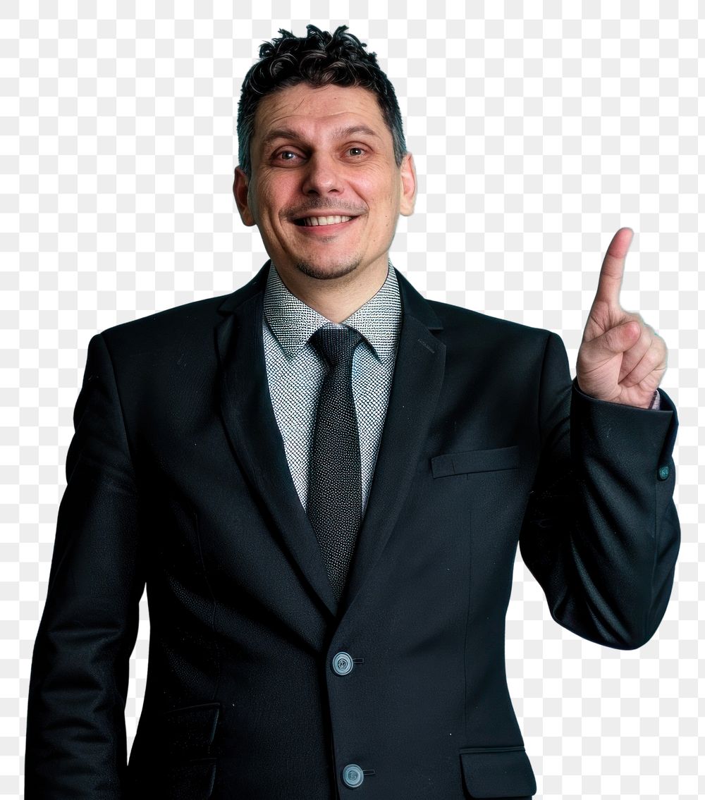 PNG Smiley business man point finger to above photography background portrait.