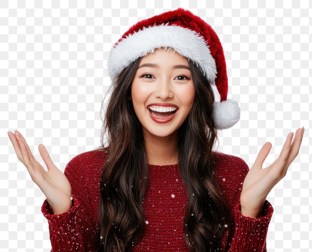 PNG Asian woman wearing a Santa hat and a red sweater happy portrait santa.