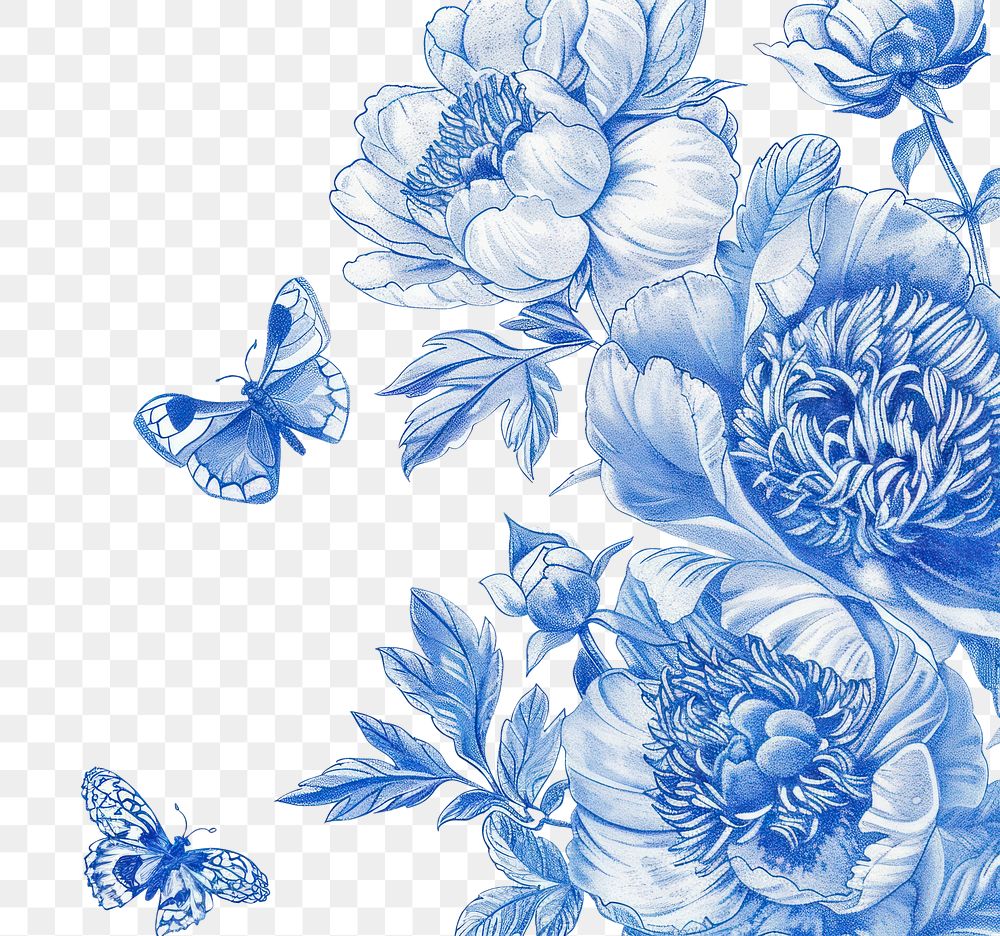 PNG Vintage drawing peonies flowers butterflies nature blue.