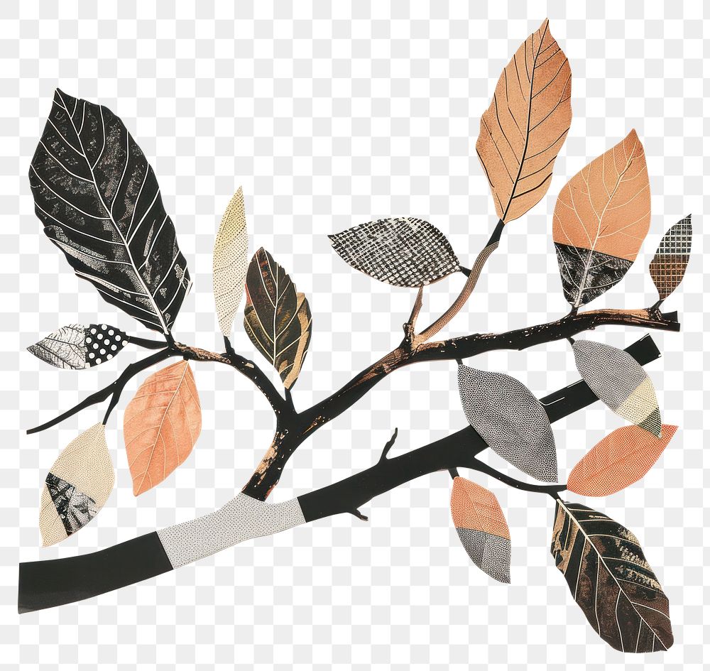 PNG Wood branch retro paper leaves leaf illustration.