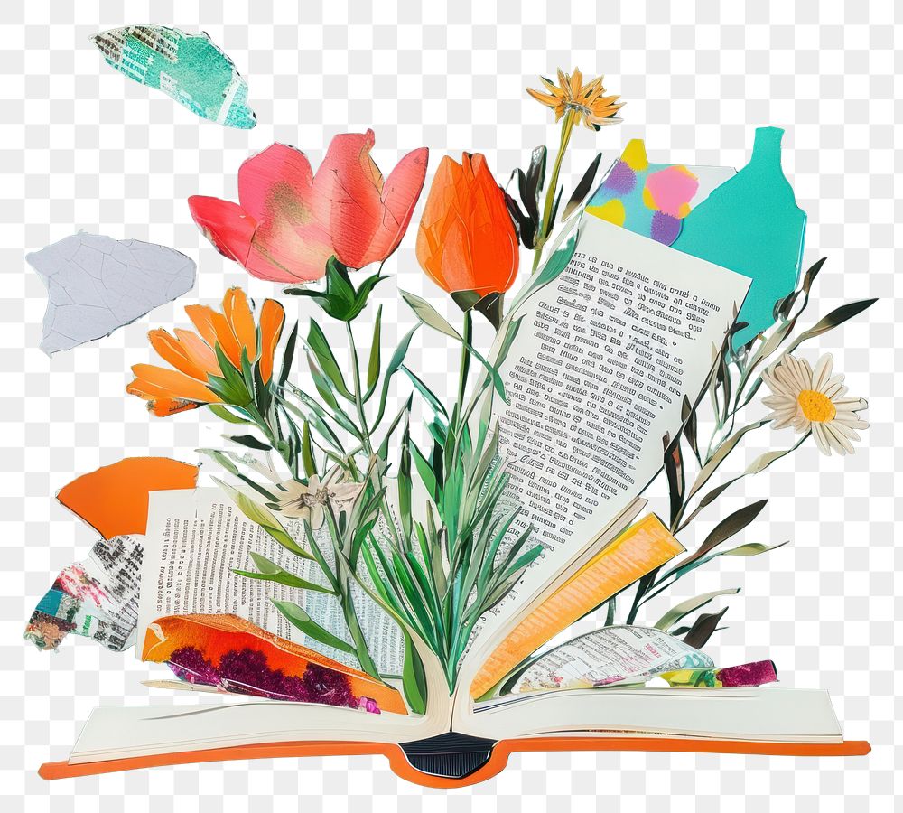 PNG Wild flowers with open book illustration colorful collage.