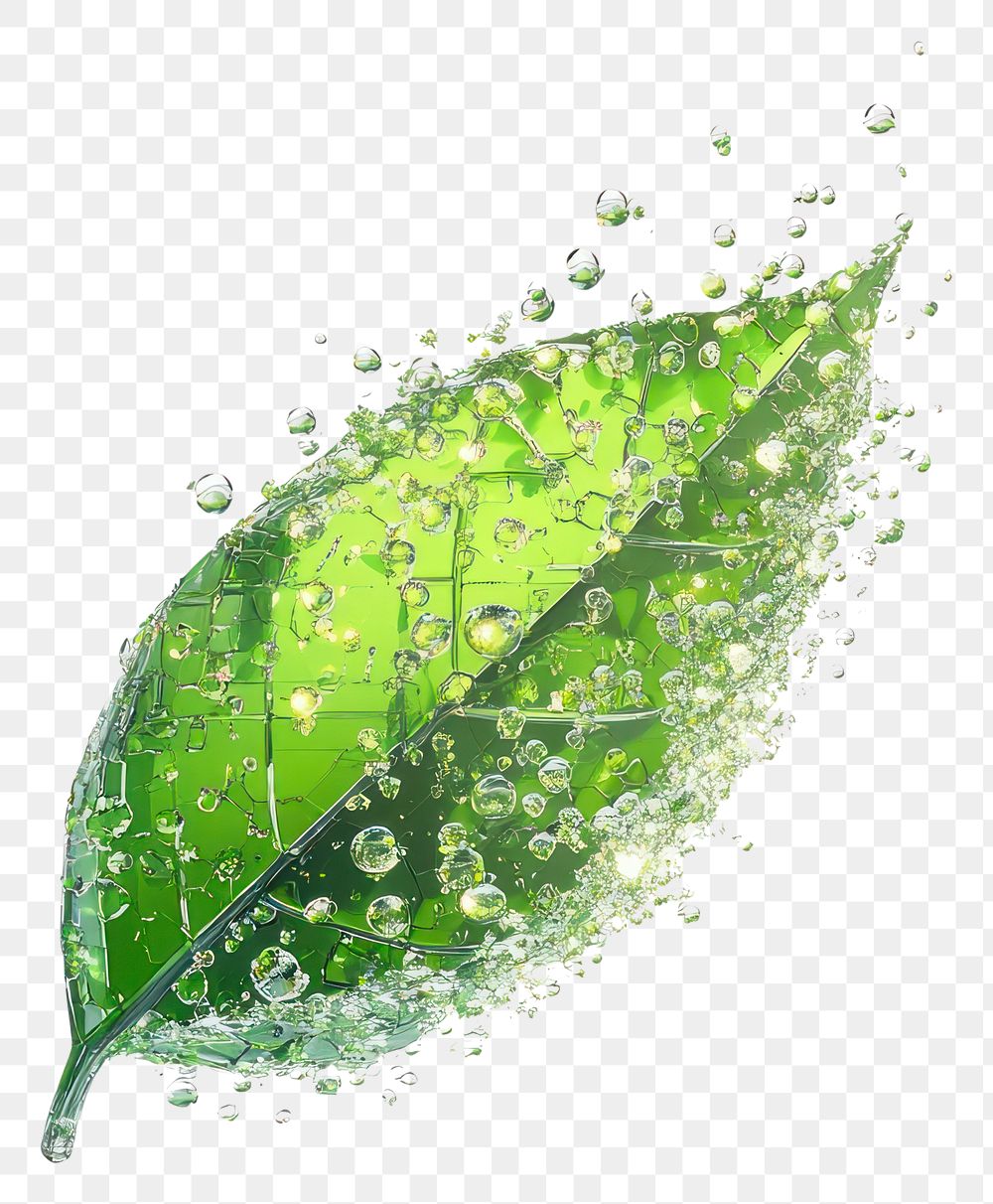 PNG A floating crystal leaf green droplets nature.