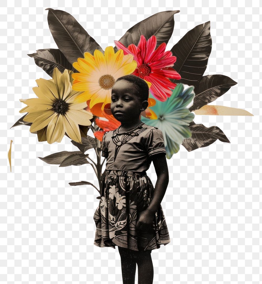 PNG Paper collage of African little girl flowers portrait colorful.