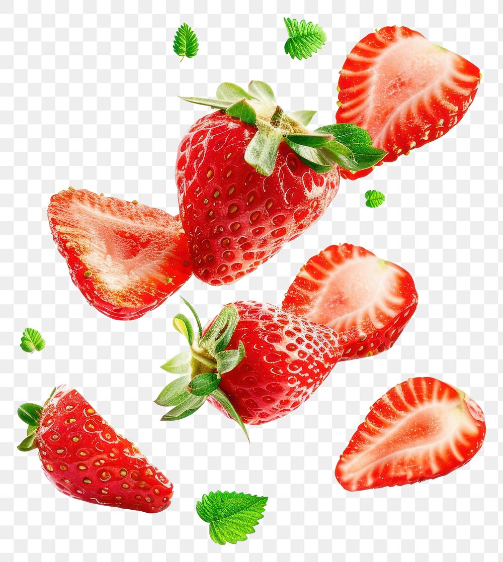 PNG Fresh strawberries floating gracefully.