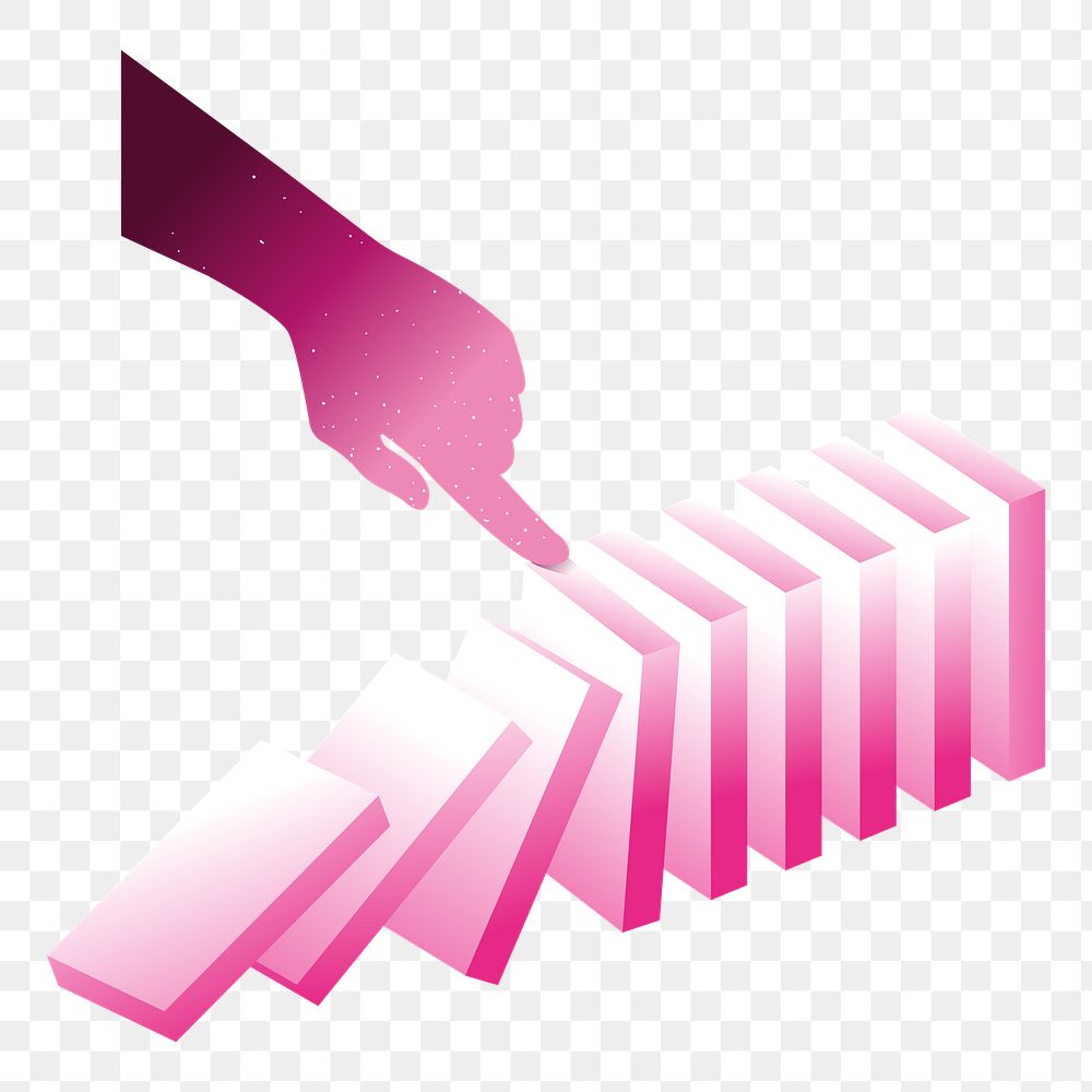 PNG Hand toppling pink dominoes, transparent background