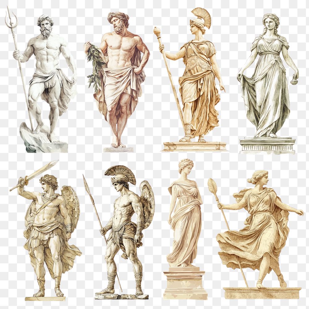 PNG watercolor ancient statue design element set, transparent background