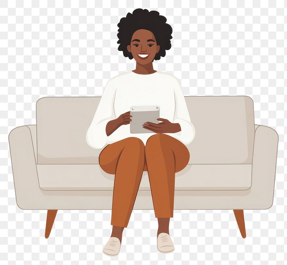 PNG Woman useing taplet on light gray sofa illustration comfortable atmosphere.