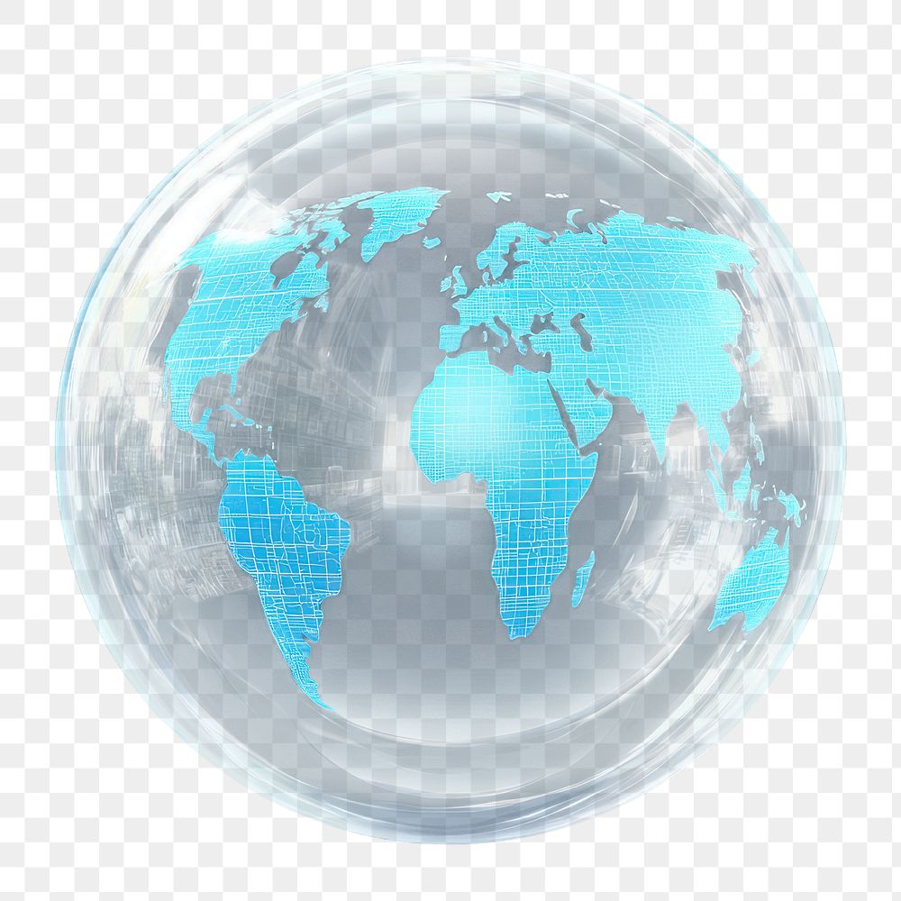 PNG World map on bubble transparent sphere globe.