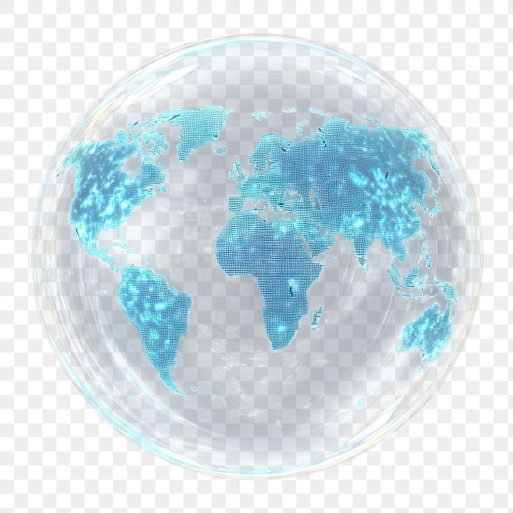 PNG World map on bubble globe blue continents.