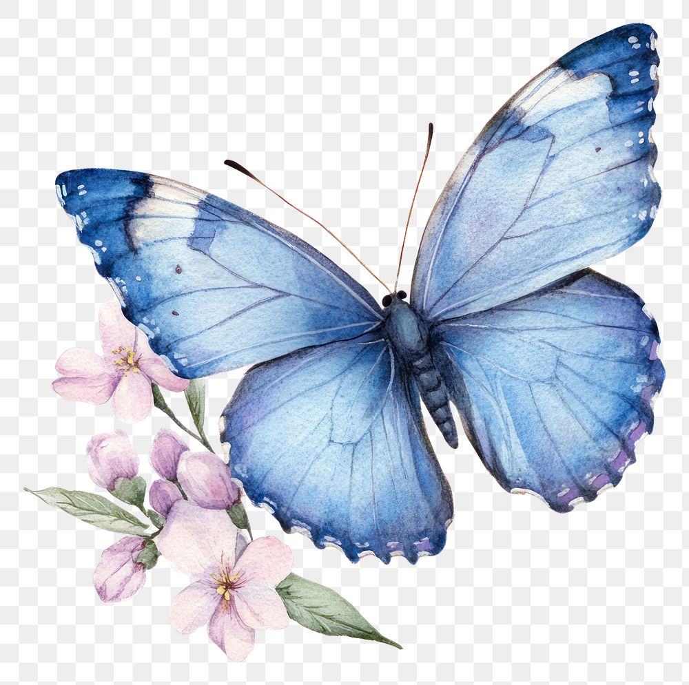 PNG Blue butterfly on flower watercolor flowers invertebrate.