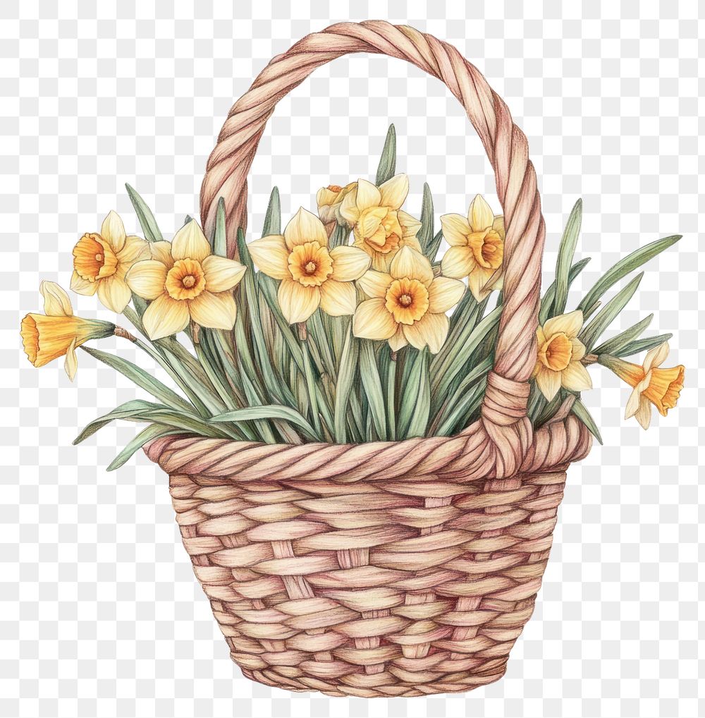 PNG Easter basket daffodils flowers illustration.