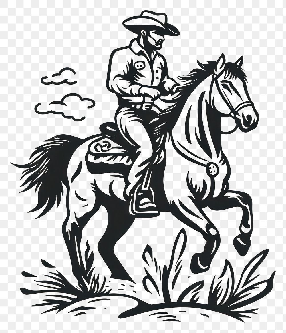 PNG Cowboy riding horse art illustration drawing.