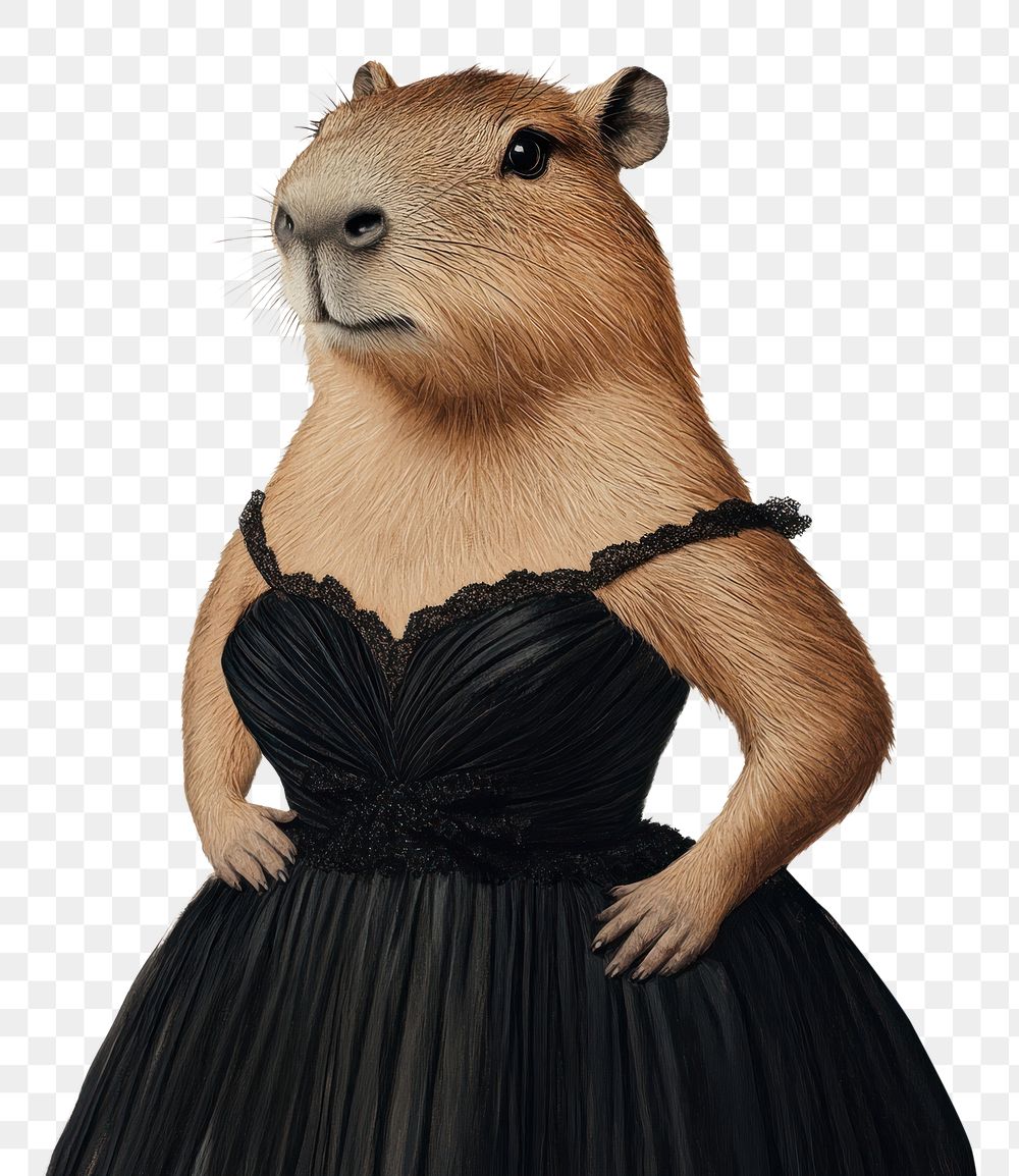 PNG A female capybara wearing witha spaghetti strap dress black dress as in painting Madame X by Singer Sargent animal…