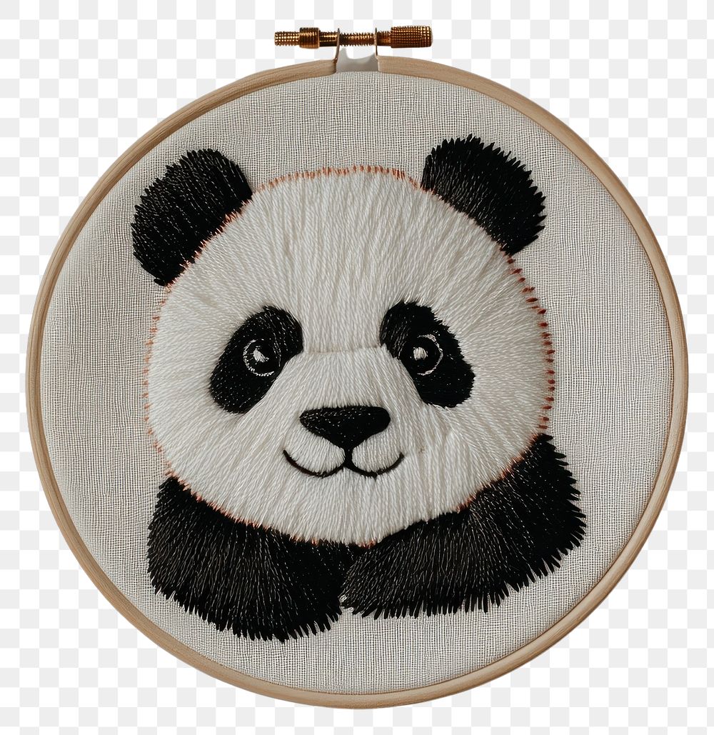 PNG A panda in embroidery style fabric white handcrafted.