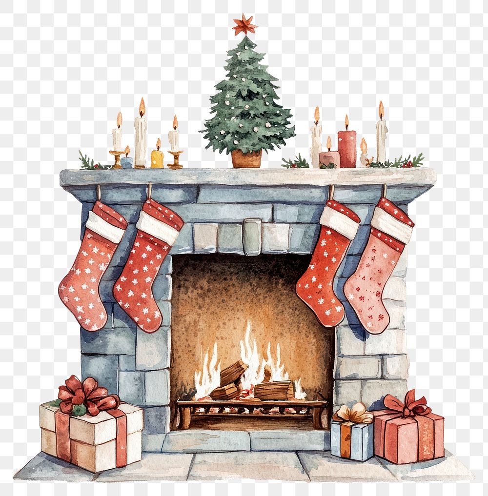 PNG Watercolor christmas fireplace stockings candles cozy.