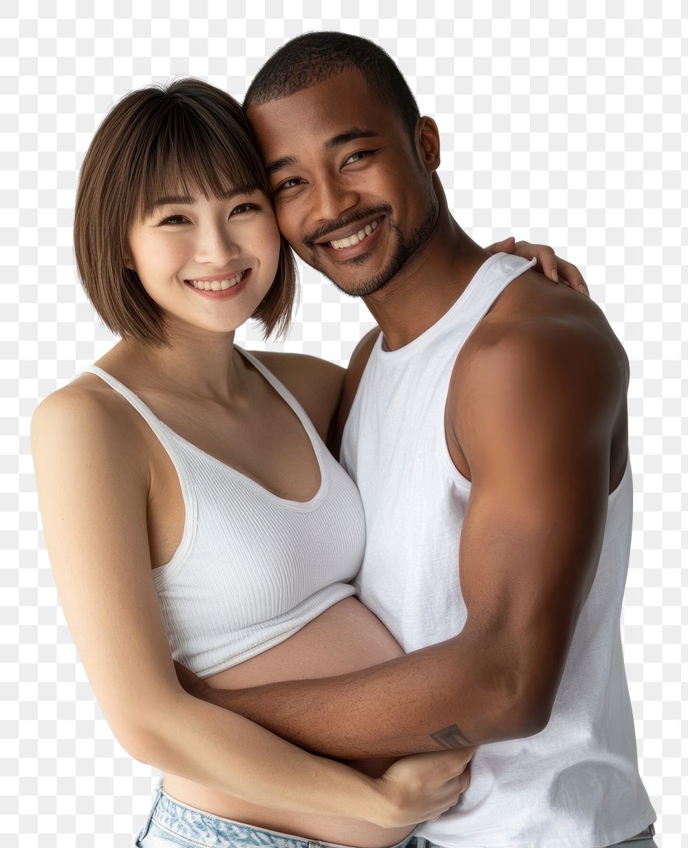 PNG Asian happy pregnant woman being embraced by her black husband photography togetherness pregnancy.