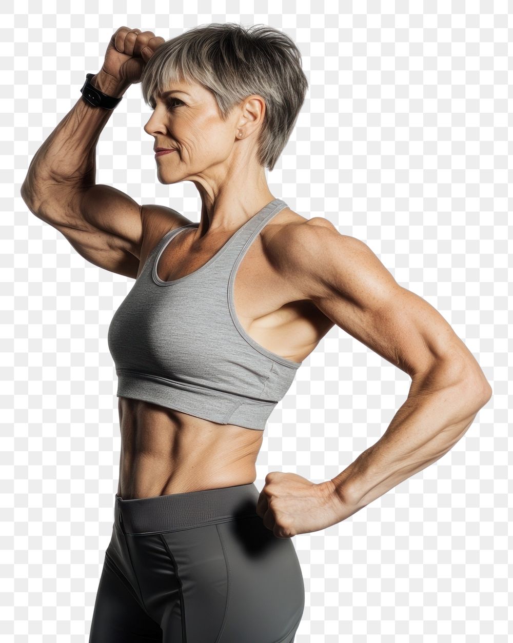 PNG Senior woman flexing muscle of one arm sports fitness female.