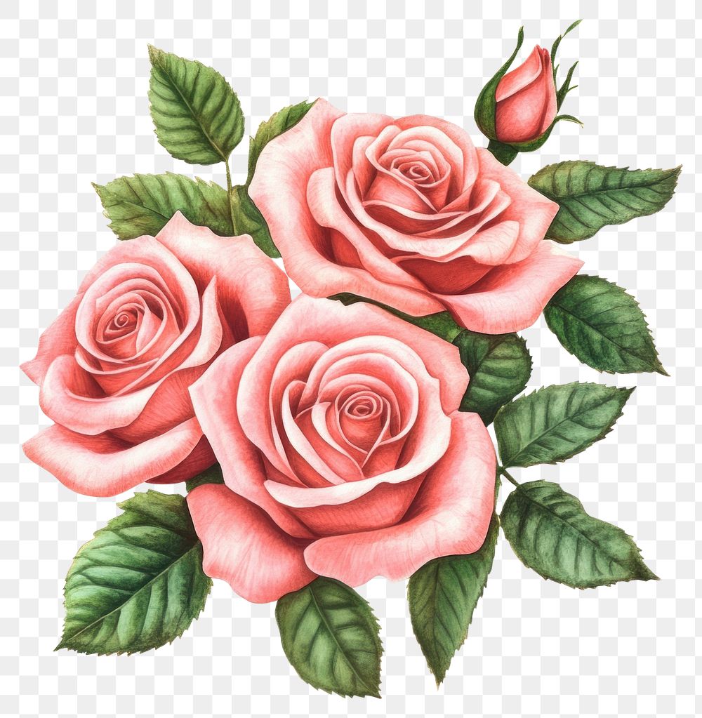 PNG Pink roses flower watercolor bouquet illustration leaves art.