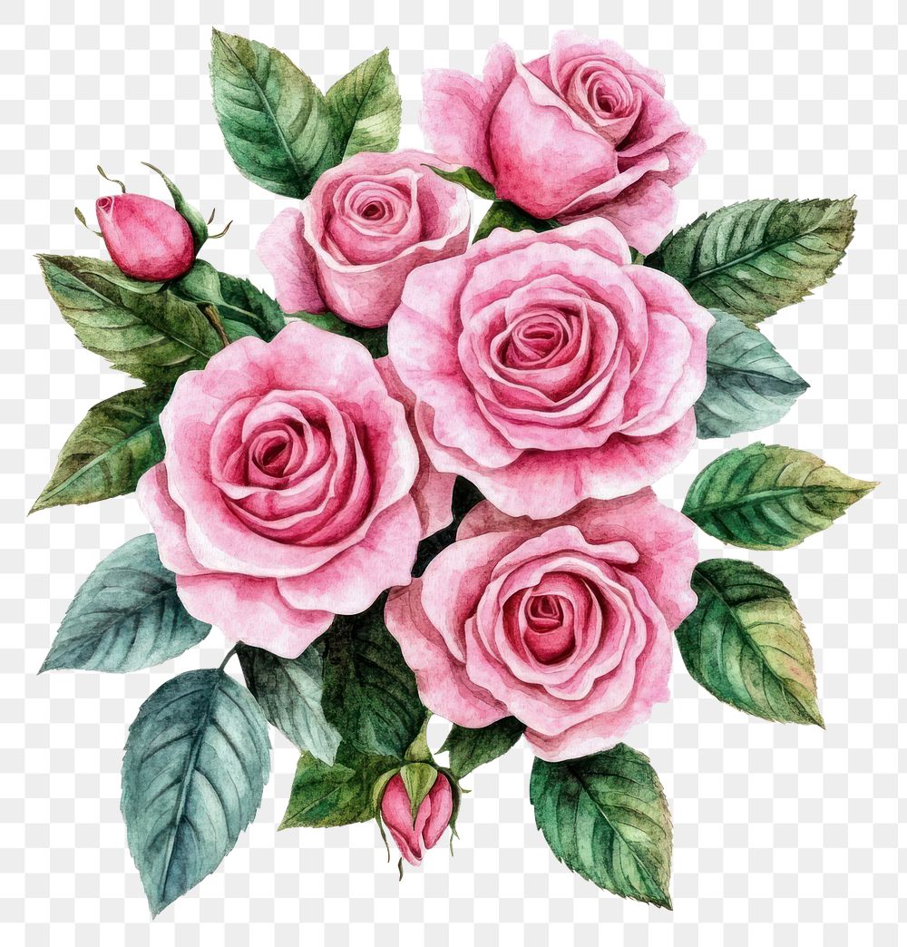 PNG Pink roses flower watercolor bouquet flowers illustration art.