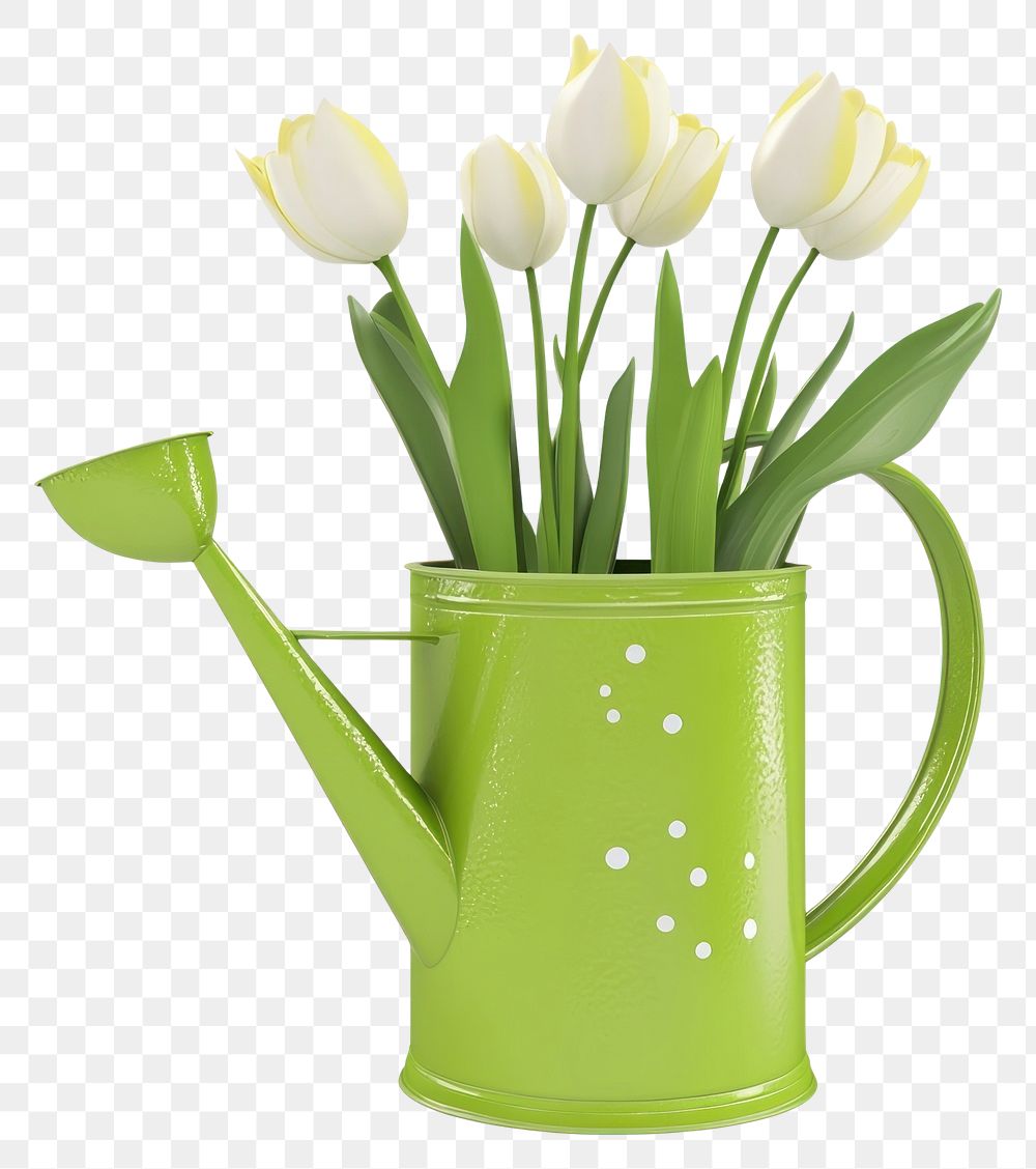 PNG Cute watering can with tulips vibrant flowers white.