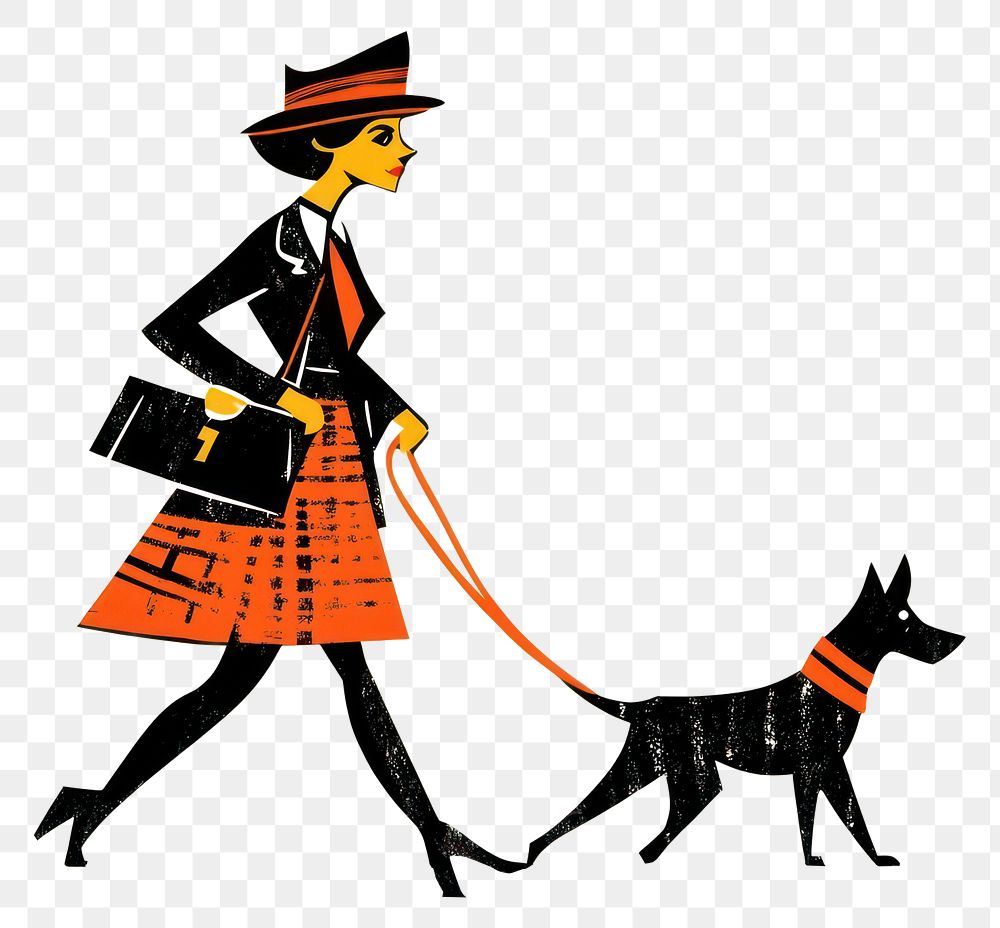 PNG Woman walking with dog illustration retro fashionable.