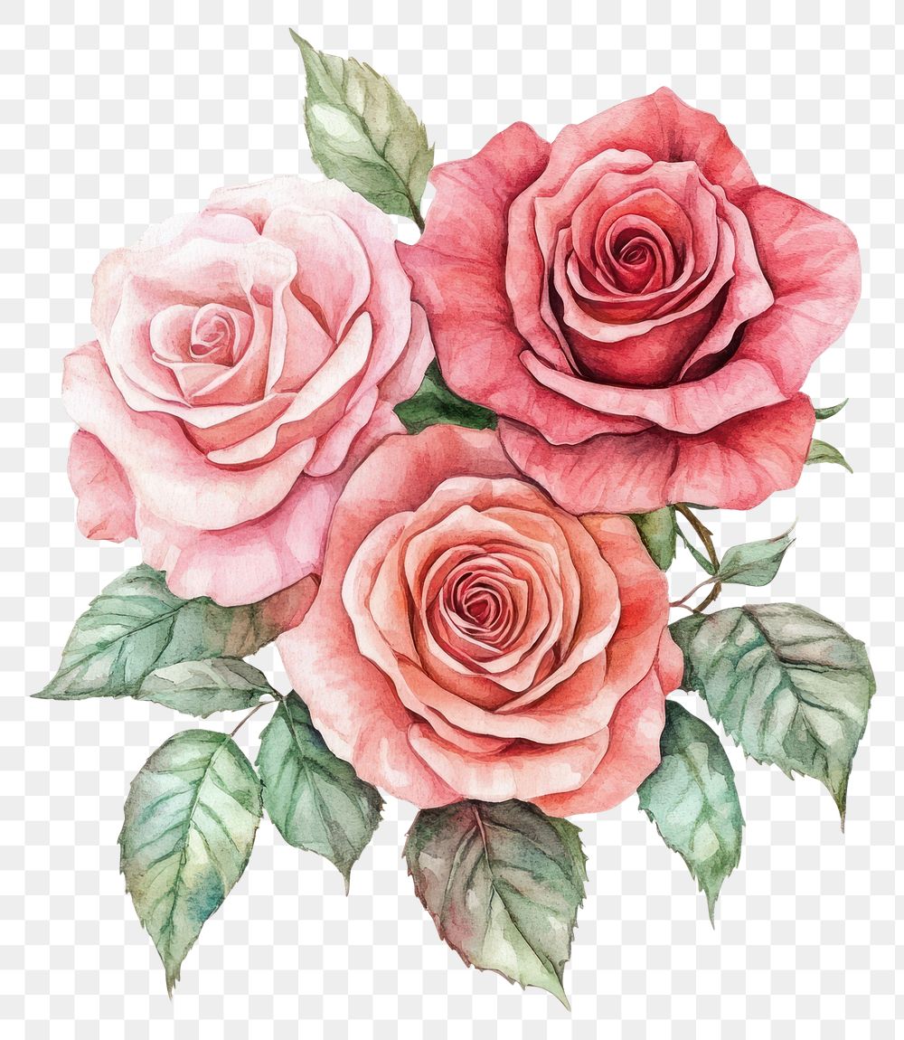 PNG Pink and red rose flower watercolor floral bouquet art illustration style.