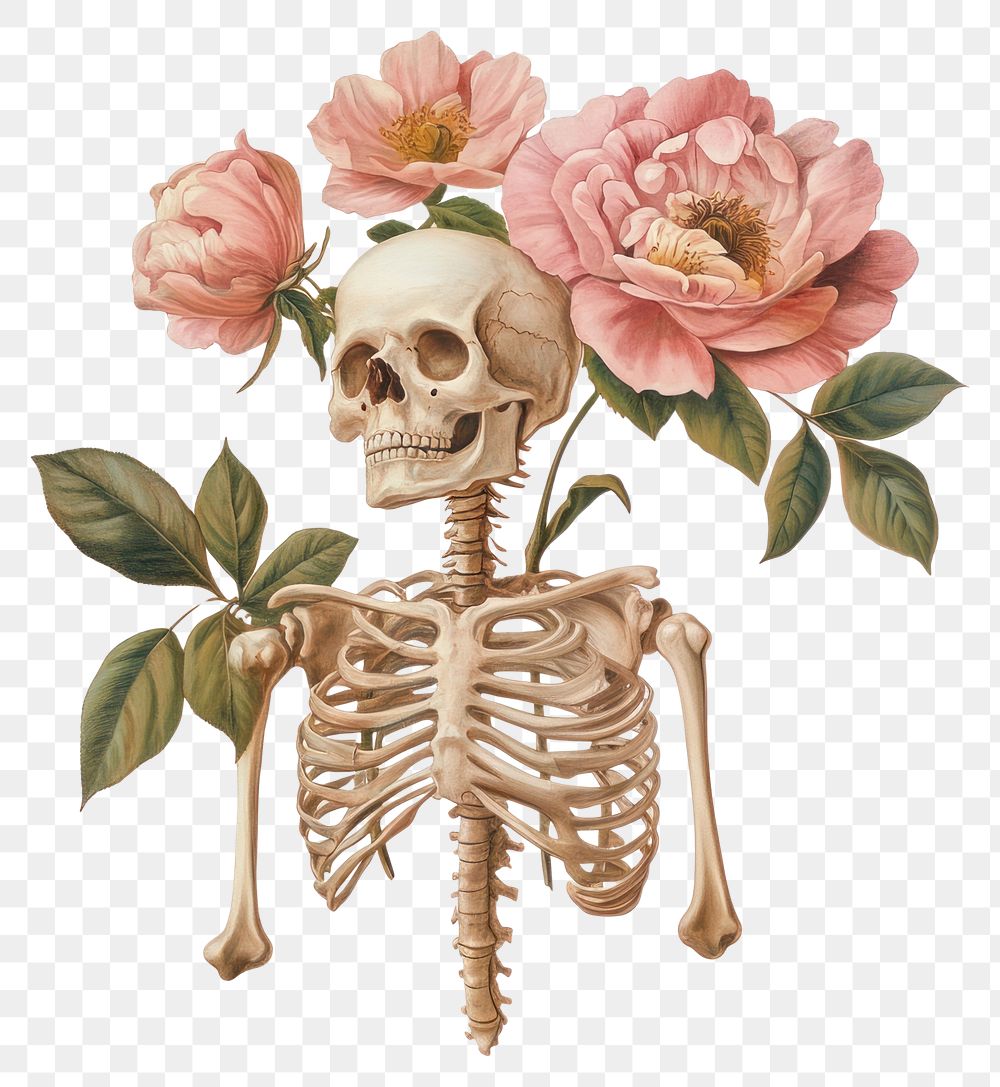 PNG Skeleton with aesthetic flowers vintage style illustration.