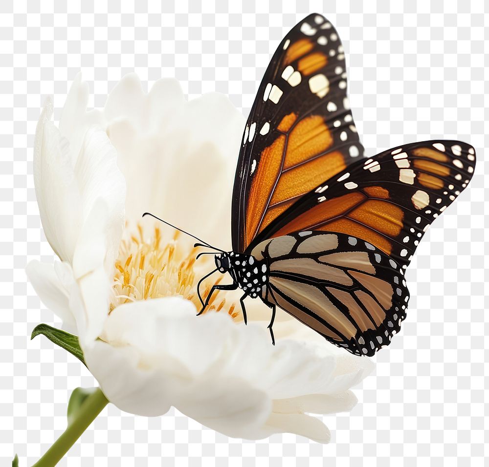 PNG Butterfly on a white flower monarch invertebrate photography.