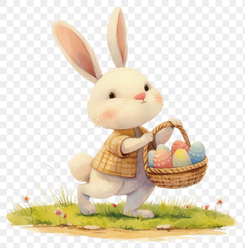 PNG Cute Bunny with a basket bunny eggs illustration.