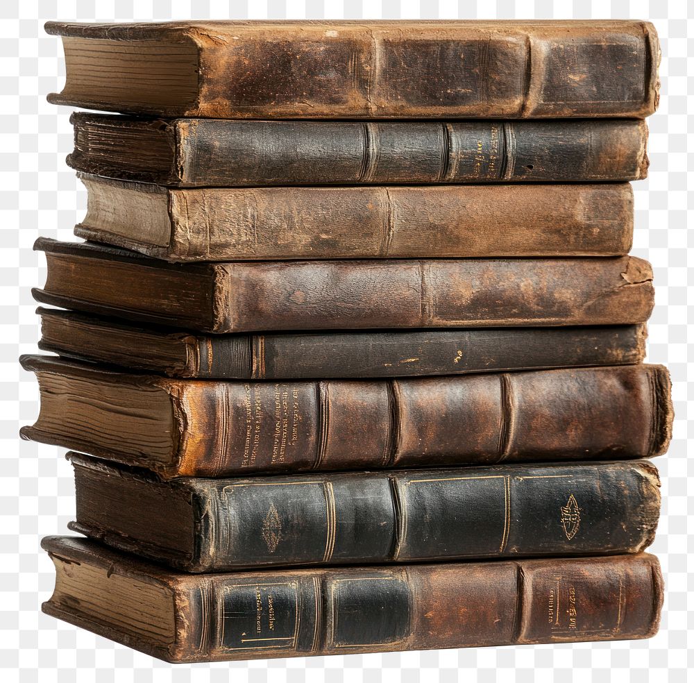 PNG Stack of old leather-bound books library publication historical.