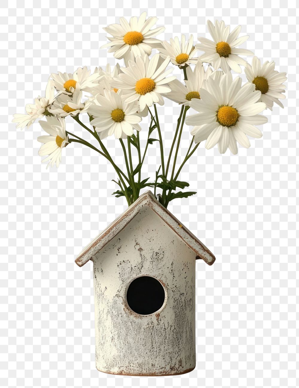 PNG White daisies daisy birdhouse flowers.