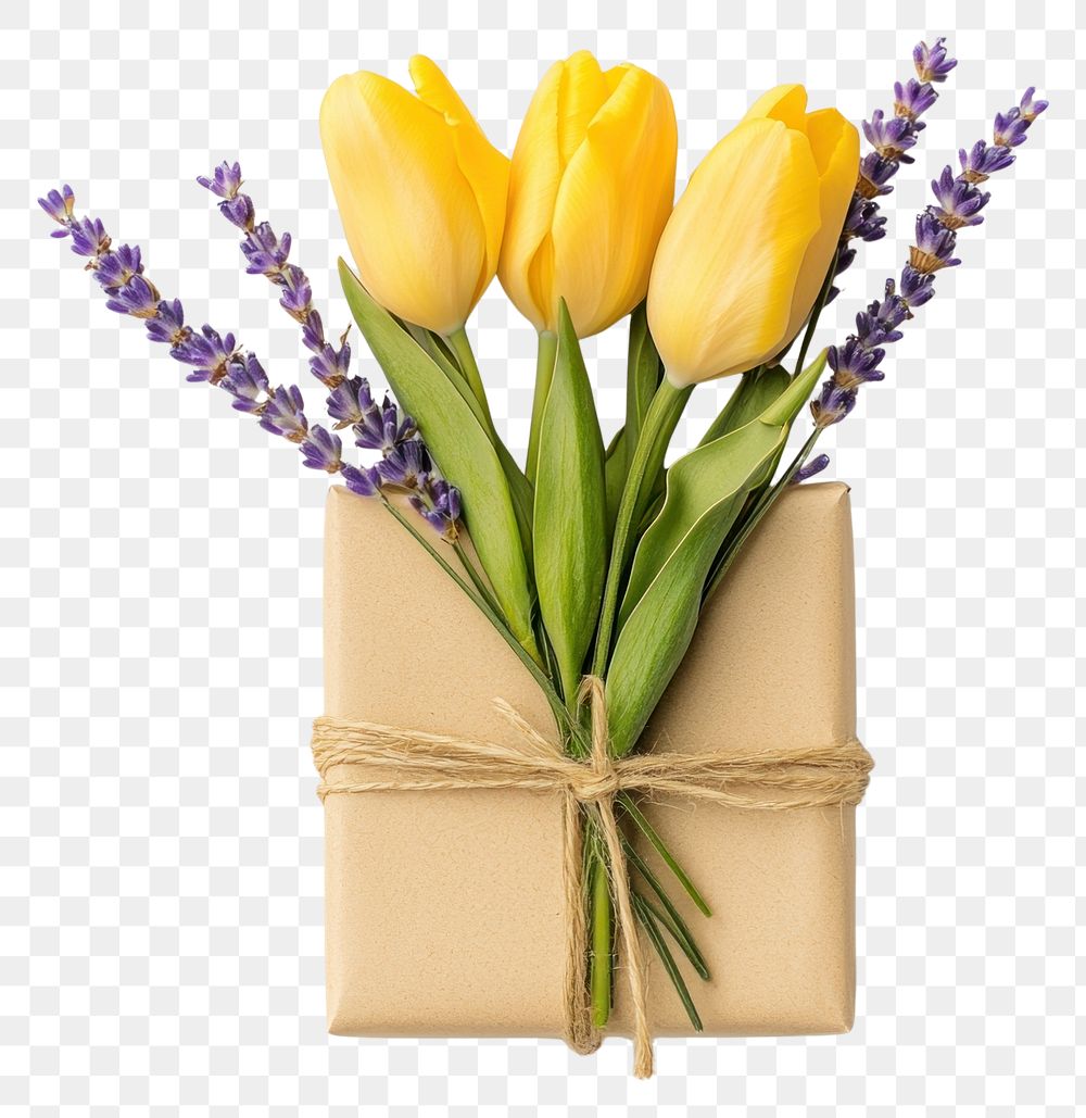 PNG Lavender sprigs and yellow tulips flowers spring gift.