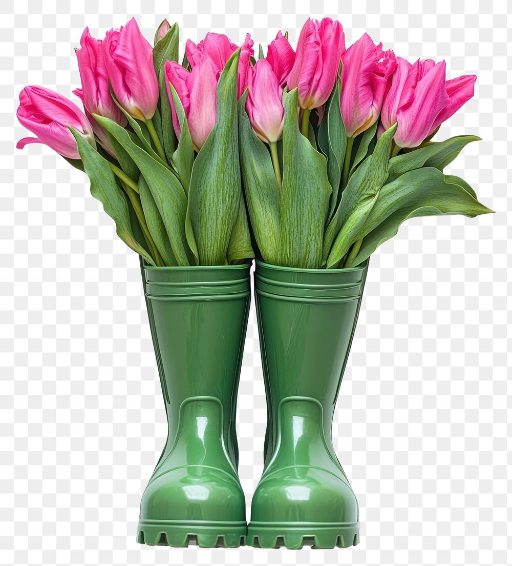 PNG Spring tulips flowers green boots.