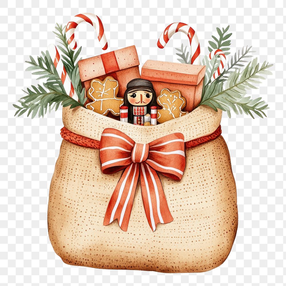 PNG F a Christmas sack filled with two gift boxes illustration gingerbread nutcracker.